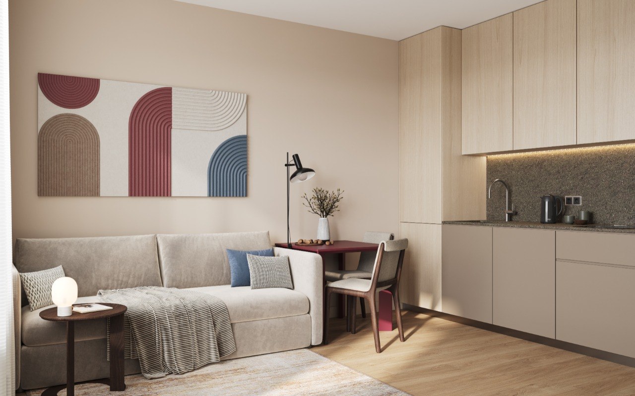 Studio dzīvoklis — viesistaba un virtuves zona